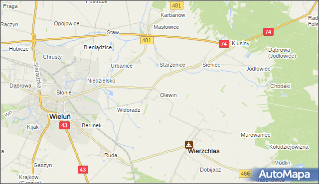 mapa Olewin gmina Wieluń, Olewin gmina Wieluń na mapie Targeo