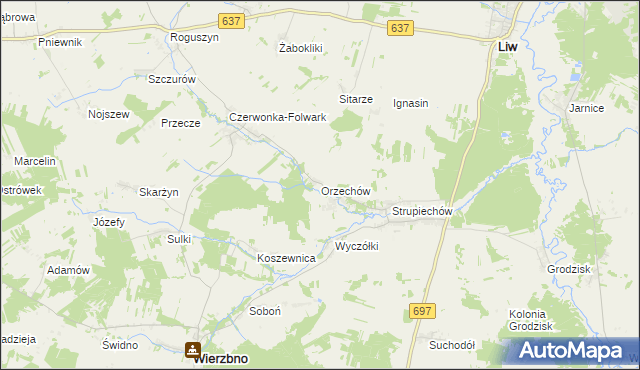 mapa Orzechów gmina Wierzbno, Orzechów gmina Wierzbno na mapie Targeo