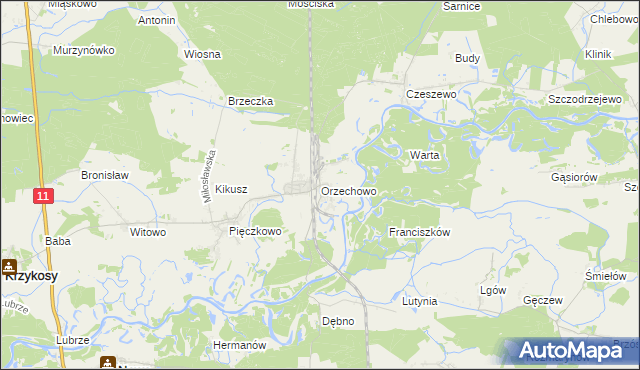 mapa Orzechowo gmina Miłosław, Orzechowo gmina Miłosław na mapie Targeo