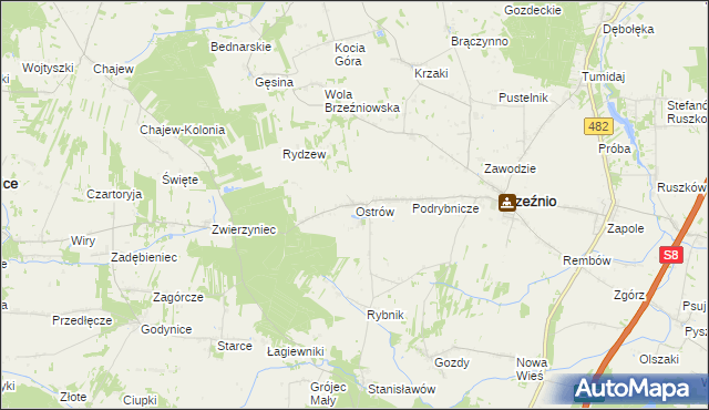 mapa Ostrów gmina Brzeźnio, Ostrów gmina Brzeźnio na mapie Targeo