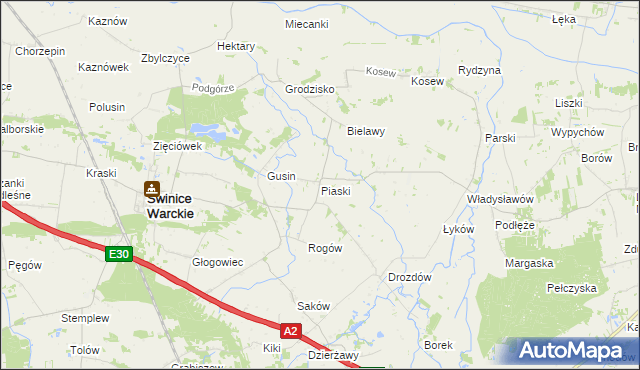 mapa Piaski gmina Świnice Warckie, Piaski gmina Świnice Warckie na mapie Targeo