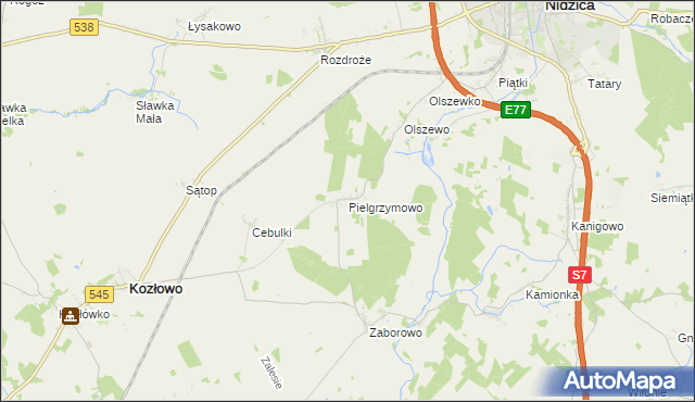 mapa Pielgrzymowo gmina Kozłowo, Pielgrzymowo gmina Kozłowo na mapie Targeo