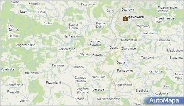mapa Pławna gmina Ciężkowice, Pławna gmina Ciężkowice na mapie Targeo