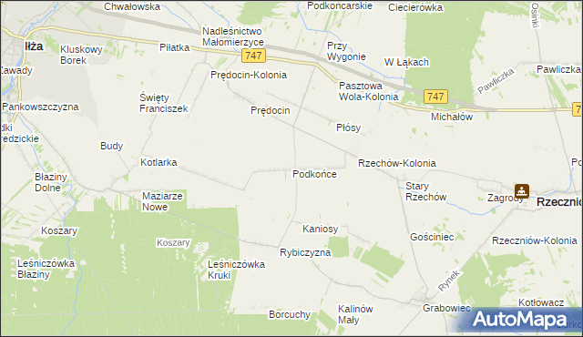 mapa Podkońce gmina Rzeczniów, Podkońce gmina Rzeczniów na mapie Targeo