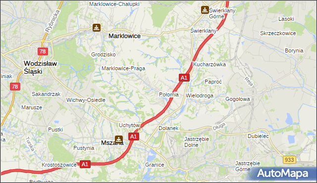 mapa Połomia gmina Mszana, Połomia gmina Mszana na mapie Targeo