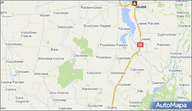 mapa Popielewo gmina Skulsk, Popielewo gmina Skulsk na mapie Targeo