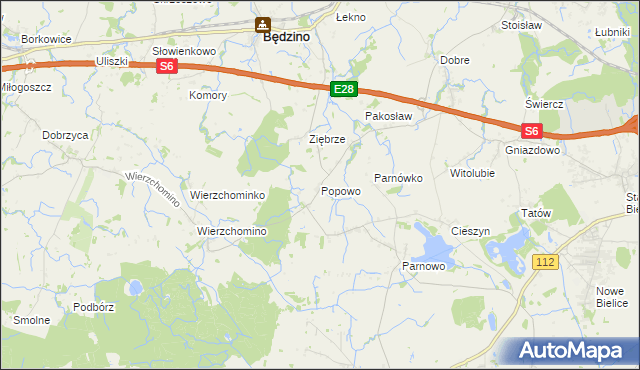 mapa Popowo gmina Będzino, Popowo gmina Będzino na mapie Targeo