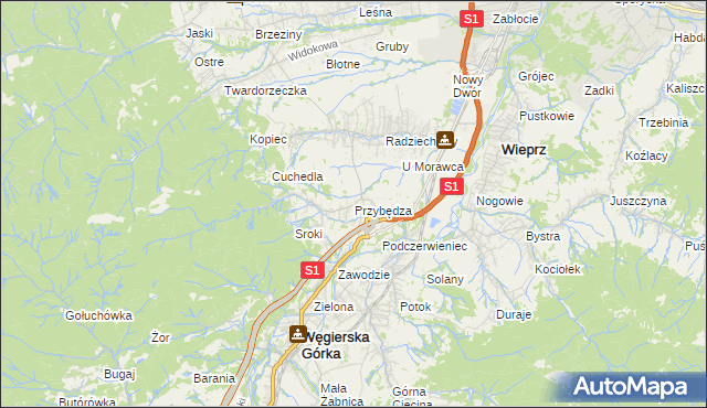 mapa Przybędza, Przybędza na mapie Targeo