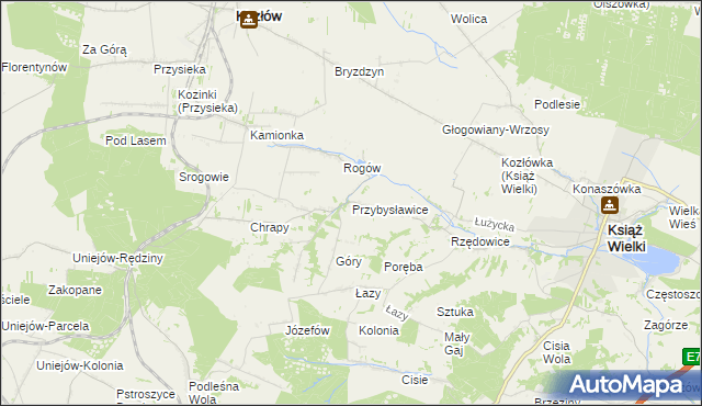 mapa Przybysławice gmina Kozłów, Przybysławice gmina Kozłów na mapie Targeo