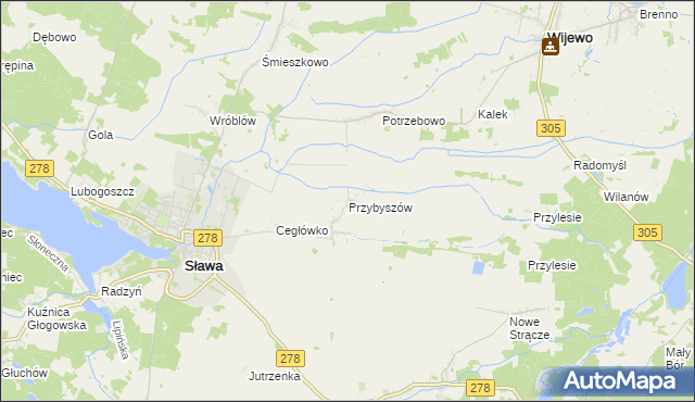 mapa Przybyszów gmina Sława, Przybyszów gmina Sława na mapie Targeo