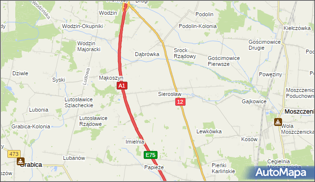 mapa Sierosław gmina Moszczenica, Sierosław gmina Moszczenica na mapie Targeo