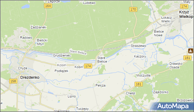 mapa Stare Bielice gmina Drezdenko, Stare Bielice gmina Drezdenko na mapie Targeo