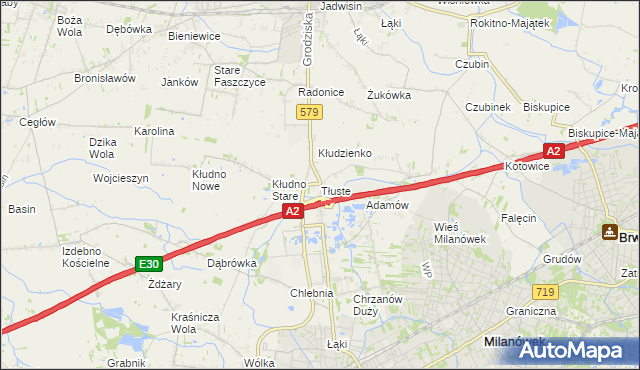 mapa Tłuste gmina Grodzisk Mazowiecki, Tłuste gmina Grodzisk Mazowiecki na mapie Targeo