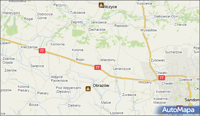 mapa Wierzbiny gmina Obrazów, Wierzbiny gmina Obrazów na mapie Targeo