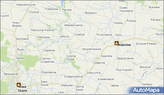 mapa Wojciechowice gmina Waśniów, Wojciechowice gmina Waśniów na mapie Targeo