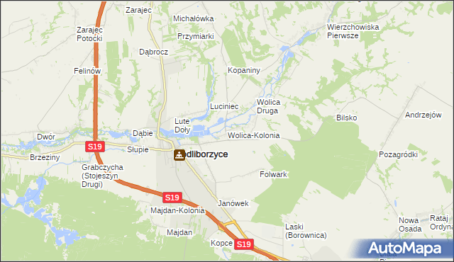 mapa Wolica-Kolonia gmina Modliborzyce, Wolica-Kolonia gmina Modliborzyce na mapie Targeo