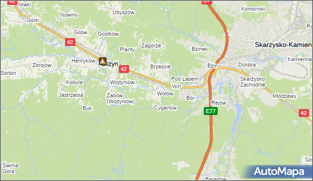 mapa Wołów gmina Bliżyn, Wołów gmina Bliżyn na mapie Targeo