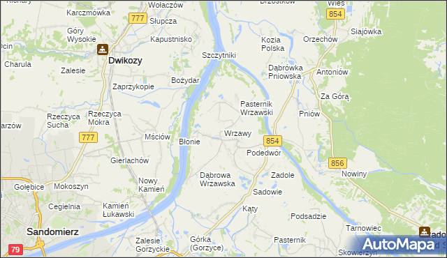 mapa Wrzawy gmina Gorzyce, Wrzawy gmina Gorzyce na mapie Targeo