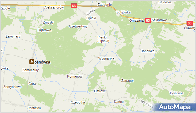 mapa Wygnanka gmina Sosnówka, Wygnanka gmina Sosnówka na mapie Targeo