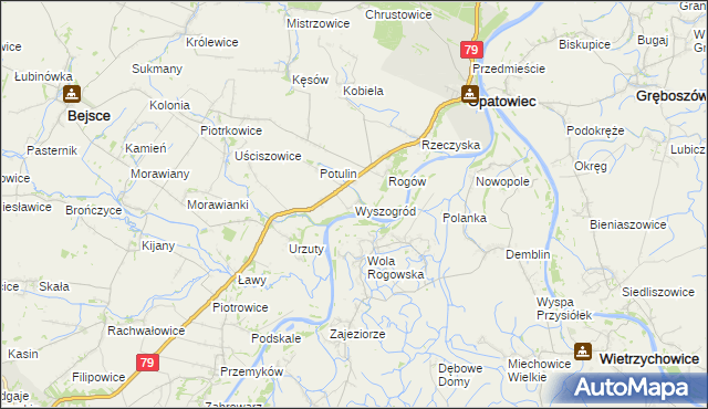 mapa Wyszogród gmina Opatowiec, Wyszogród gmina Opatowiec na mapie Targeo