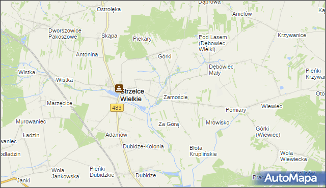 mapa Zamoście gmina Strzelce Wielkie, Zamoście gmina Strzelce Wielkie na mapie Targeo