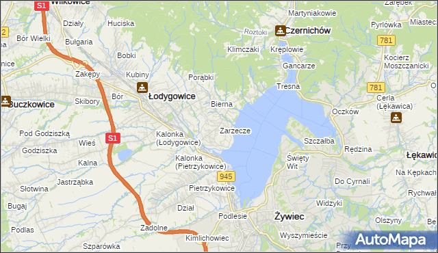 mapa Zarzecze gmina Łodygowice, Zarzecze gmina Łodygowice na mapie Targeo