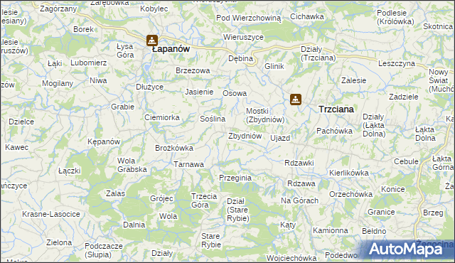 mapa Zbydniów gmina Łapanów, Zbydniów gmina Łapanów na mapie Targeo