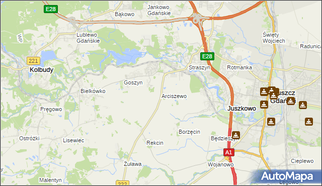 mapa Arciszewo gmina Pruszcz Gdański, Arciszewo gmina Pruszcz Gdański na mapie Targeo