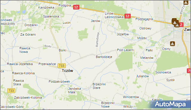 mapa Bartodzieje gmina Tczów, Bartodzieje gmina Tczów na mapie Targeo