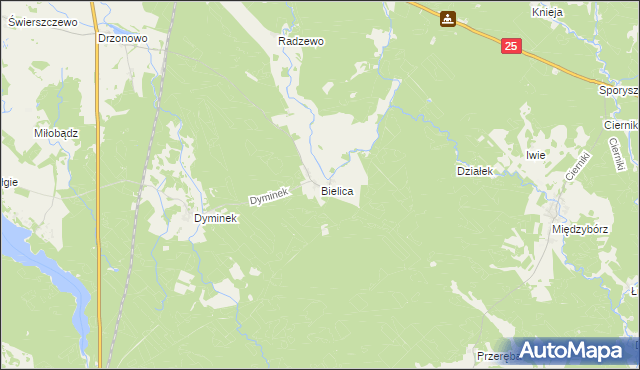 mapa Bielica gmina Biały Bór, Bielica gmina Biały Bór na mapie Targeo