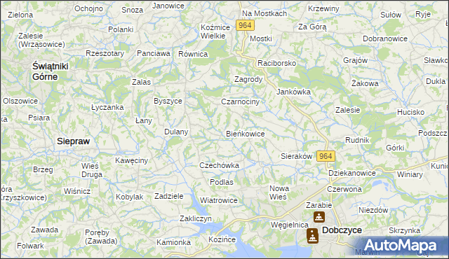 mapa Bieńkowice gmina Dobczyce, Bieńkowice gmina Dobczyce na mapie Targeo