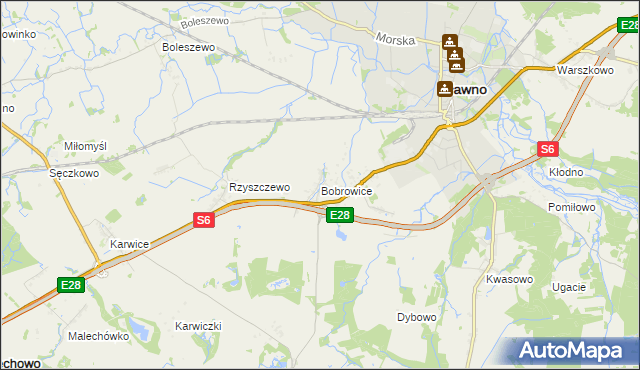 mapa Bobrowice gmina Sławno, Bobrowice gmina Sławno na mapie Targeo