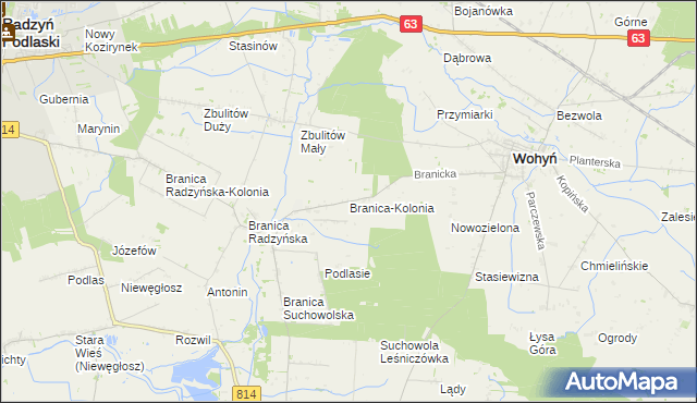 mapa Branica-Kolonia gmina Wohyń, Branica-Kolonia gmina Wohyń na mapie Targeo