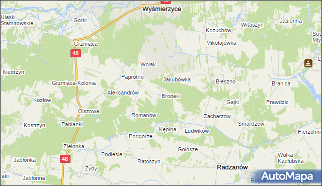 mapa Brodek gmina Wyśmierzyce, Brodek gmina Wyśmierzyce na mapie Targeo