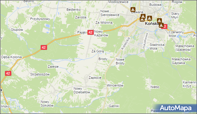 mapa Brody gmina Końskie, Brody gmina Końskie na mapie Targeo