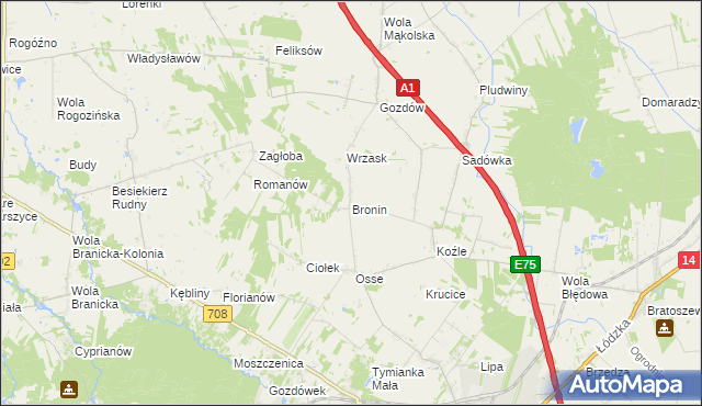 mapa Bronin gmina Stryków, Bronin gmina Stryków na mapie Targeo