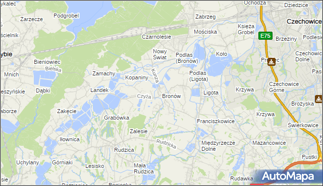 mapa Bronów gmina Czechowice-Dziedzice, Bronów gmina Czechowice-Dziedzice na mapie Targeo