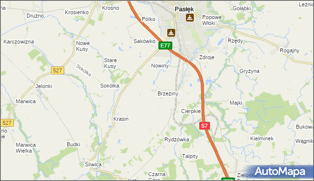 mapa Brzeziny gmina Pasłęk, Brzeziny gmina Pasłęk na mapie Targeo