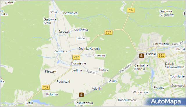 mapa Brzeziny gmina Pionki, Brzeziny gmina Pionki na mapie Targeo