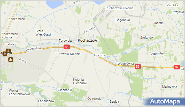 mapa Brzeziny gmina Puchaczów, Brzeziny gmina Puchaczów na mapie Targeo