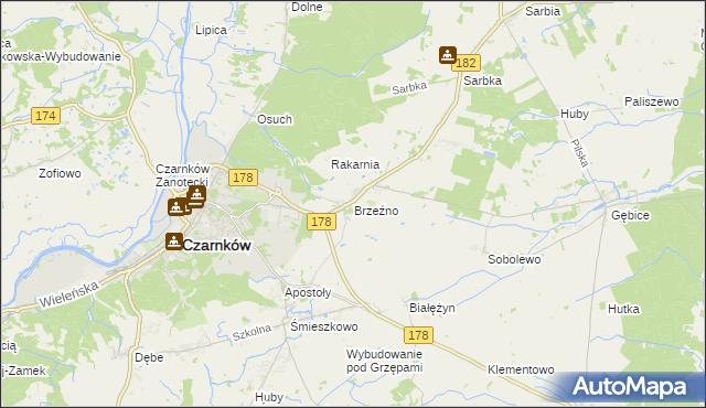 mapa Brzeźno gmina Czarnków, Brzeźno gmina Czarnków na mapie Targeo