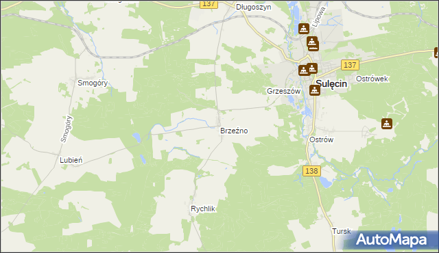 mapa Brzeźno gmina Sulęcin, Brzeźno gmina Sulęcin na mapie Targeo