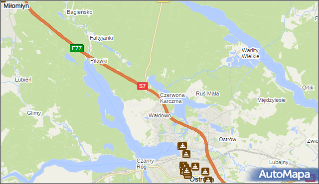 mapa Czerwona Karczma gmina Ostróda, Czerwona Karczma gmina Ostróda na mapie Targeo