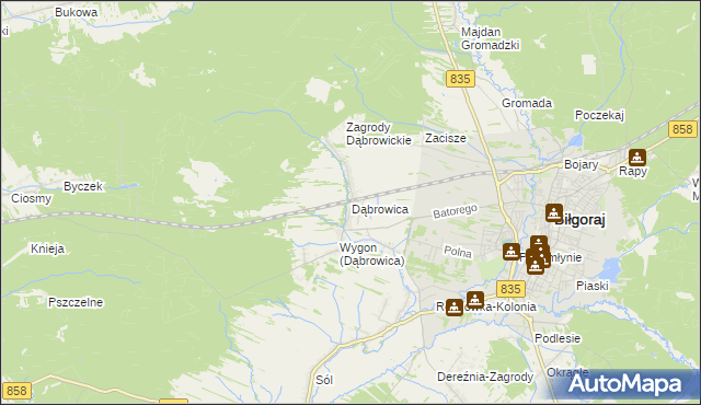 mapa Dąbrowica gmina Biłgoraj, Dąbrowica gmina Biłgoraj na mapie Targeo