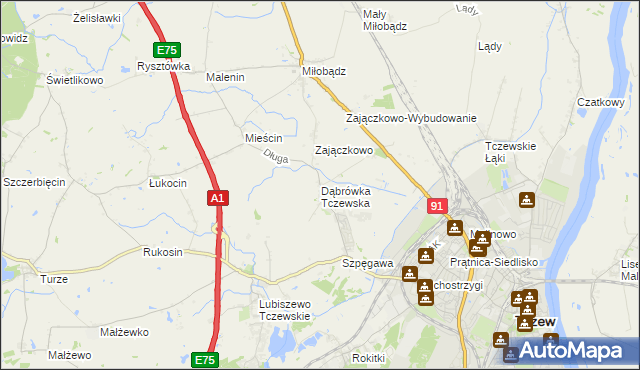 mapa Dąbrówka Tczewska, Dąbrówka Tczewska na mapie Targeo