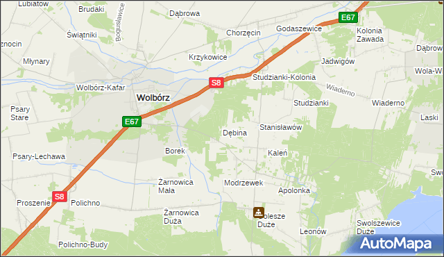 mapa Dębina gmina Wolbórz, Dębina gmina Wolbórz na mapie Targeo