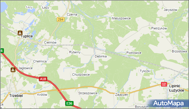 mapa Dębinka gmina Trzebiel, Dębinka gmina Trzebiel na mapie Targeo