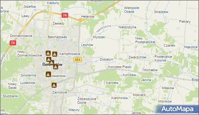 mapa Dobiecin gmina Bełchatów, Dobiecin gmina Bełchatów na mapie Targeo