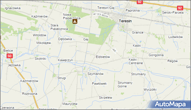 mapa Elżbietów gmina Teresin, Elżbietów gmina Teresin na mapie Targeo