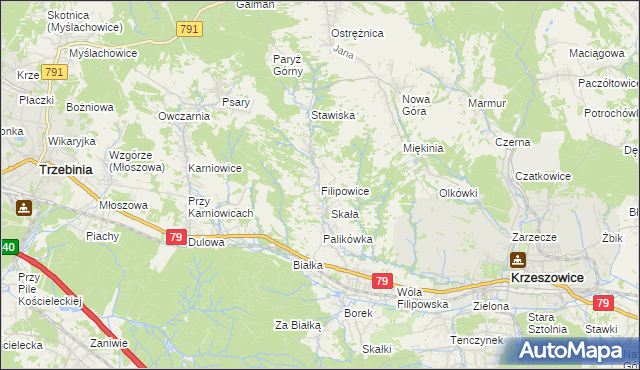 mapa Filipowice gmina Krzeszowice, Filipowice gmina Krzeszowice na mapie Targeo